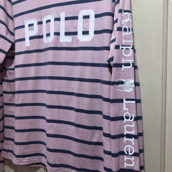 Polo Ralph Lauren Pink Blue Striped POLO Logo Long Sleeve Tee Size L - Picture 3 of 5